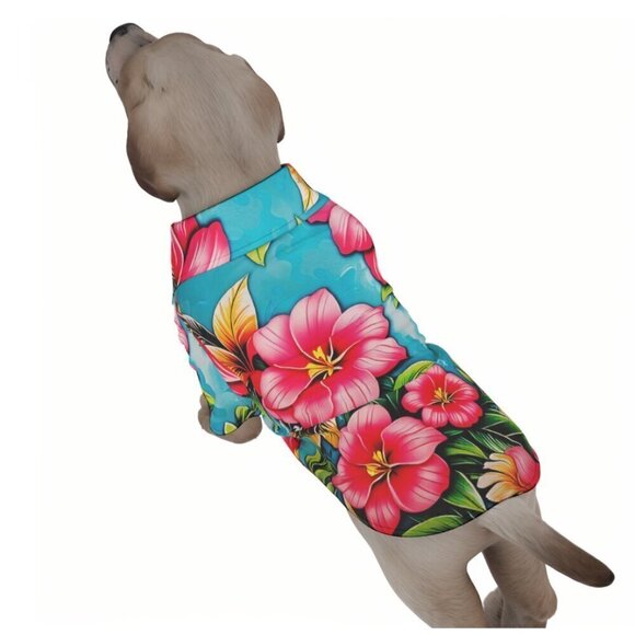 Dog Floral Hawaiian Shirt Medium  Hibiscus Pink Flowers, Stocking Stuffer NWT - Picture 7 of 9